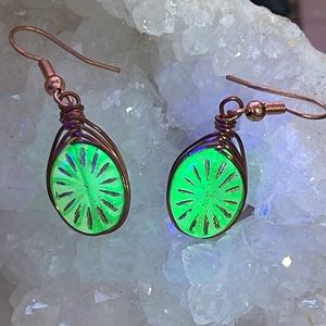 Handmade wire wrapped Czech uranium glass bead earrings